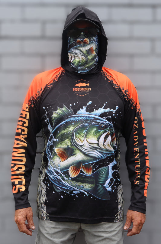 Unisex Fishing Shirt – Hoodie & Mask - Bass - UV 50+ Protection - Free Postage Australia Wide